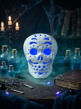 White Ceramic Skull 💀 with color changing light 💡